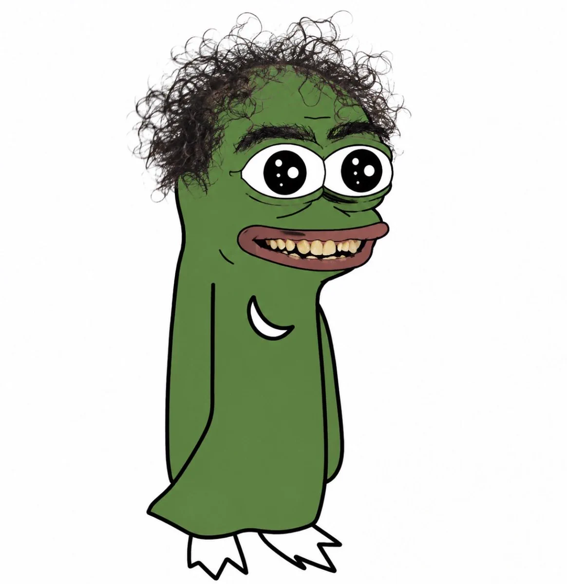 Delivered wide-eyed smolting morph with curly thinning hair and a toothy grin