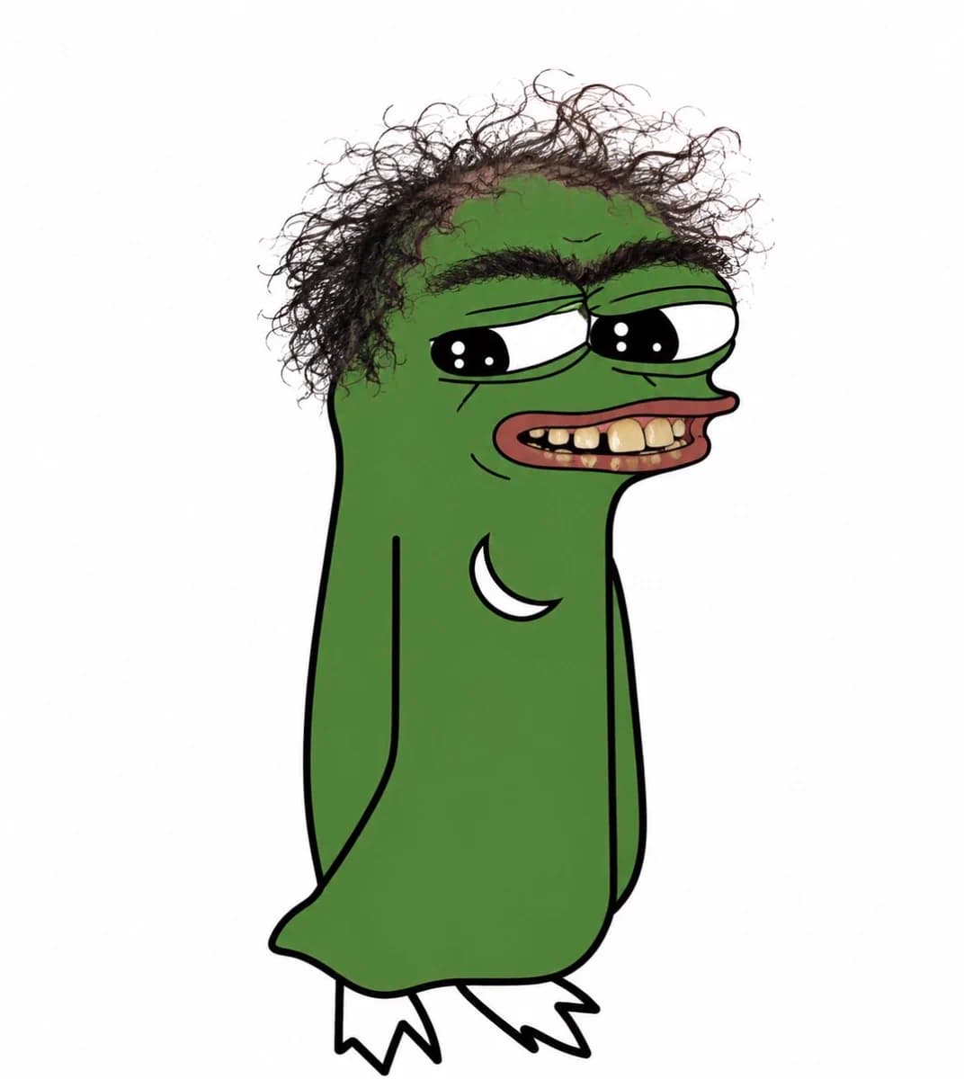 Delivered sleepy-eyed smolting morph with curly thinning hair and a toothy grin